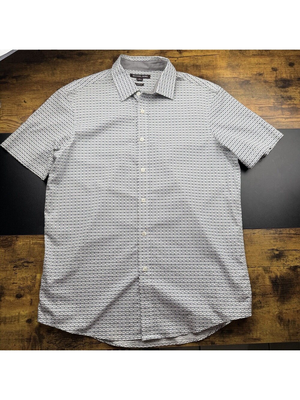 Michael Kors Mens M Classic Fit MK Monogram Print Short Sleeve Button Up Shirt